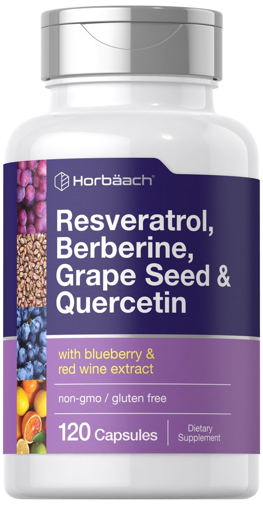 Horbäach Resveratrol Berberine Grape Tohum & Quercetin | Blueberry & Red Wine Extract | 120 Capsules | Non-GMO, Gluten Free & Vegetarian Supplement