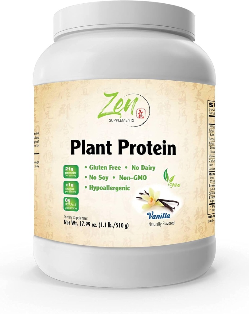 Zen Συμπληρώματα - Πρωτεΐνες φυτών-Βάνιλλα 510G 1.1LB-Πowder- 25 γραμμάρια πρωτεΐνης ανά σερβίρισμα -Vegan, χαμηλής καθαρότητας υδατάνθρακες, μη γαλακτοκομικά, χωρίς γλουτένη, χωρίς λακτόζη, χωρίς ζάχαρη προστίθενται, χωρίς σόγια, Kosher, μη ΓΤΟ