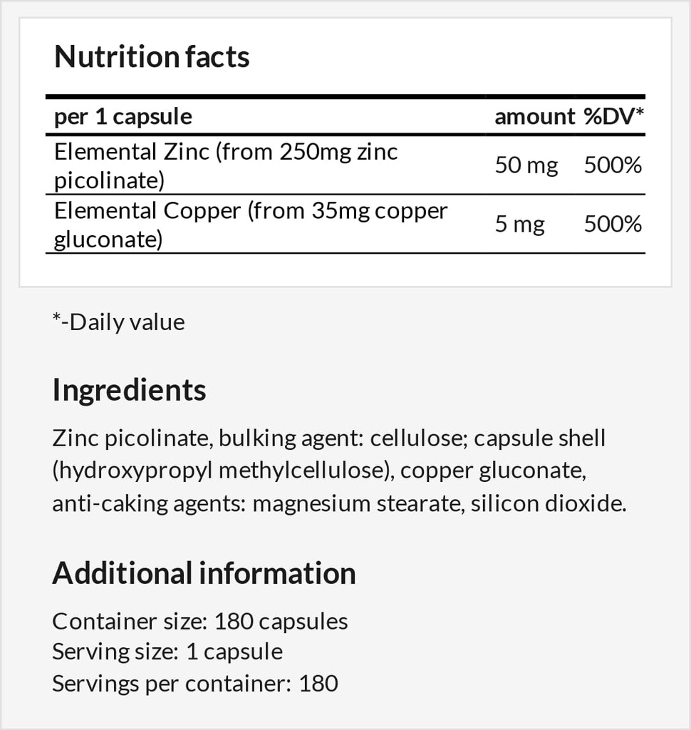 Z-Balance - çinko 50 mg + Cooper 5mg - 180 Vegan Capsules - 6 Ay Supply - çinko picolante ve Cooper Sağlıklı Saç, Skin ve Nails - Apollo'nun Hegemony tarafından