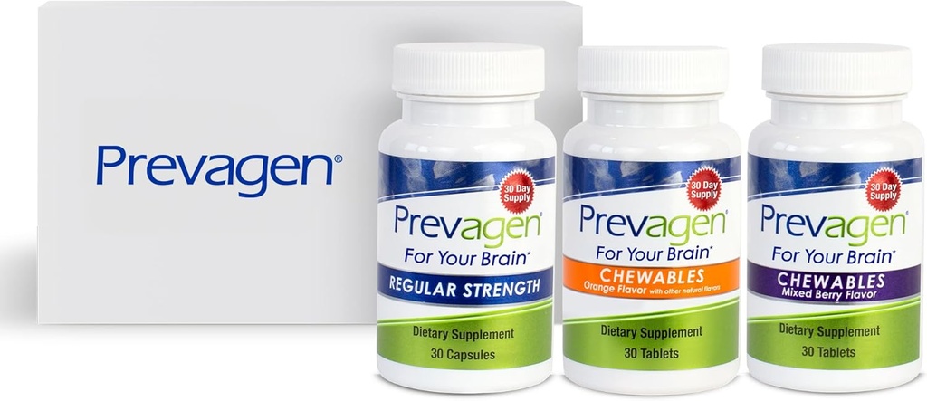 Prevagen Çeşitli Paketi - 90 Kont (3 Ay Supply) | Regular Strength Capsules, Karma Berry Chewables ve Orange Chewables | Apoaequorin Plus D3