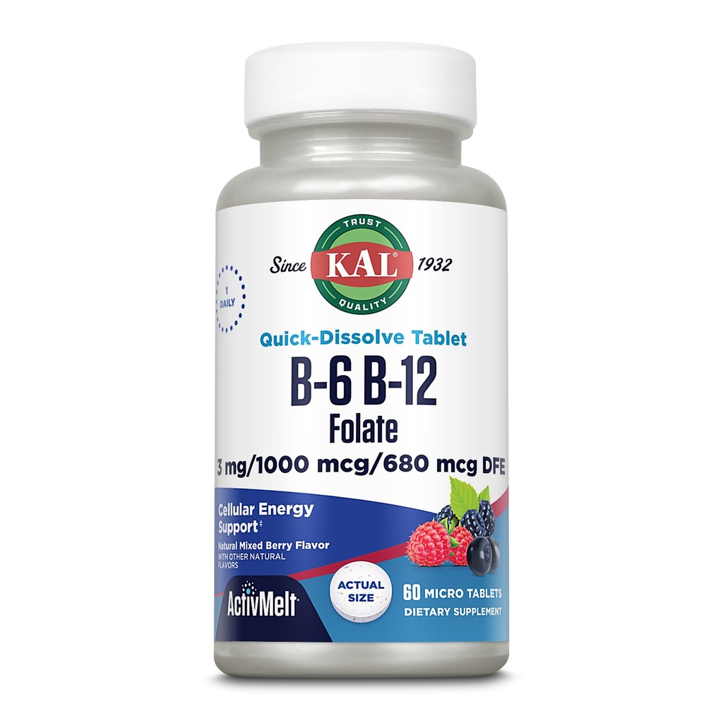 KAL B-6, B-12 & Folic Acid Supplement, Kalp Sağlığı, Enerji ve Kızıl Kan Hücre Desteği * Vitamin B12 Mecobalamin & Folate, Natural Berry Flavor, 60 Hizmet, 60 ActivMelt Mikro Tabletler, 60 ActivMelt Mikro Tabletler