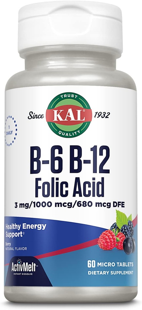 KAL Vitamin B-6, B-12 & Folic Acid Supplement, Heart Health, Energy & Red Blood Cell Support*, με Βιταμίνη B12 Methylcobalamin & Folate, Natural Berry Flavor, 60 Servings, 60 ActivMelt Micro Tablets