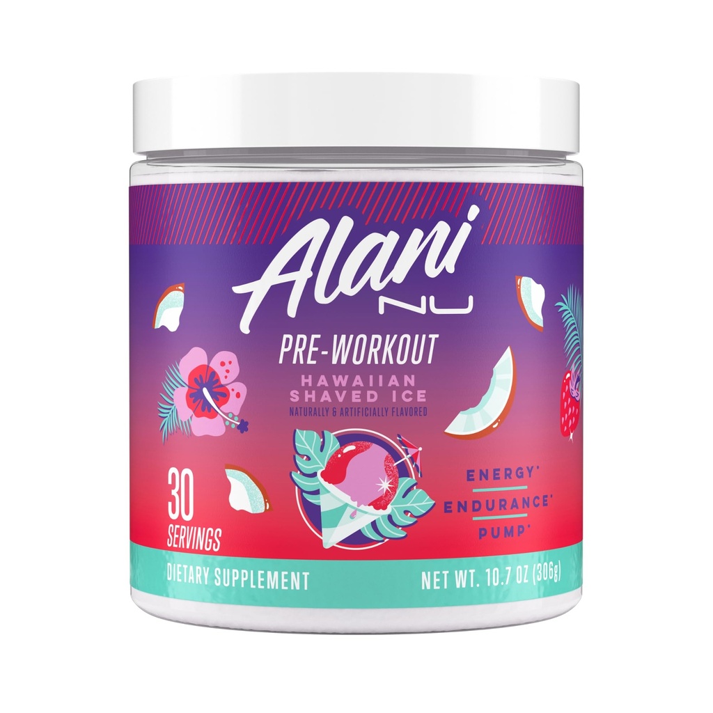 Alani Nu Pre Workout Powder Hawaiian Shaved ICE, Amino Energy Boost, συμπλήρωμα αντοχής, χωρίς ζάχαρη, 200mg καφεΐνη, L-Θεανίνη, Beta-Alanine, L-Citrulline, 30 εξυπηρετούν