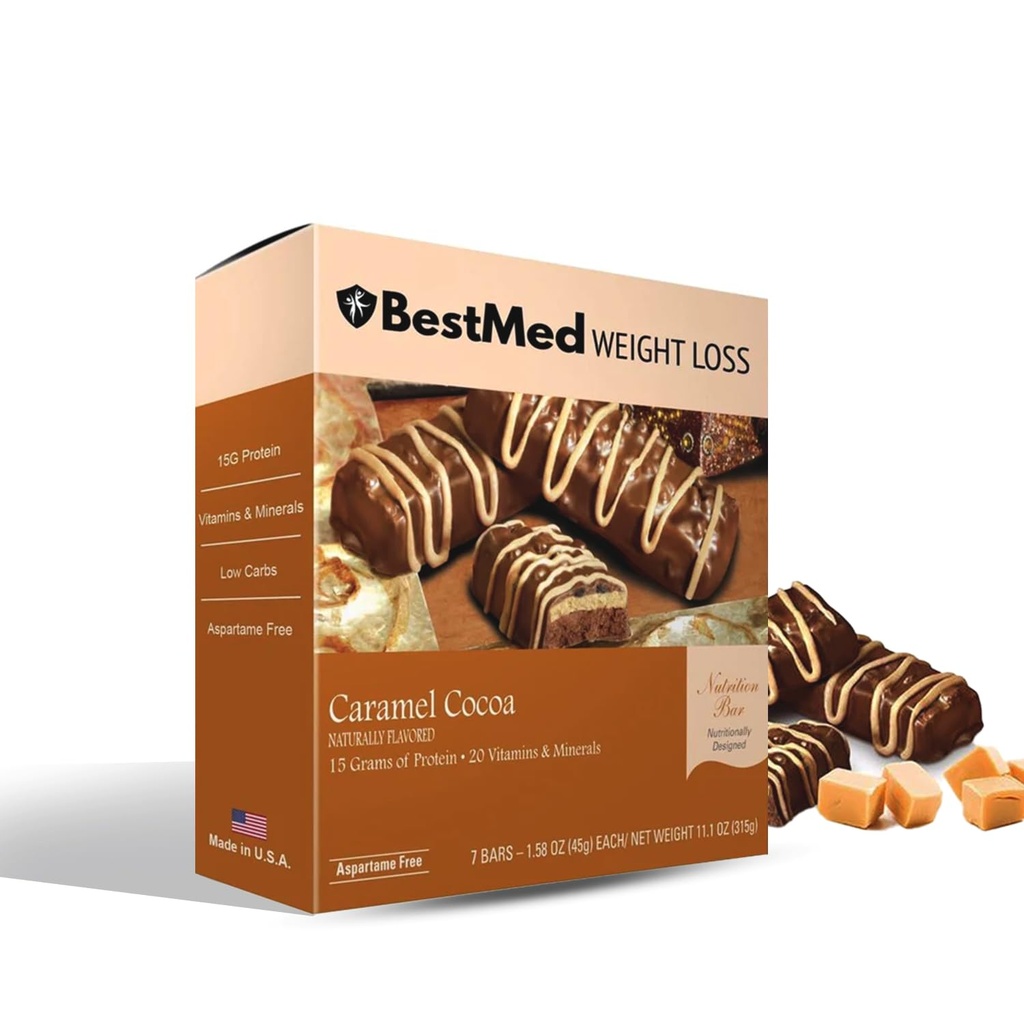 BestMed - Υψηλή Γραμμή Διατροφής Πρωτεΐνης - Χαμηλή Καρβίδα, 15g Πρωτεΐνη, Χαμηλή Ζάχαρη, Υψηλή Ίνες, Χαμηλή Θερμίδα, Γεύματα Αντικατάστασης Bar (Caramel Cocoa, 1 Box - 7 Count)