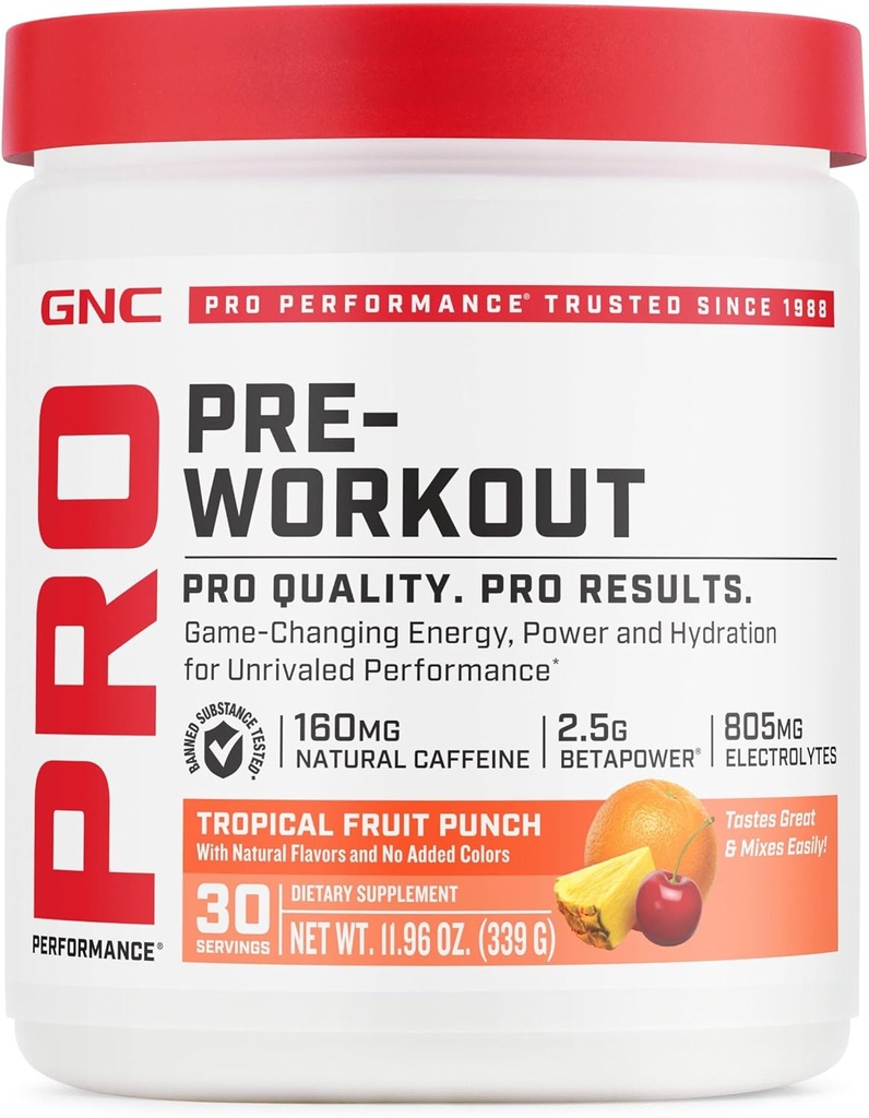 GNC Pro Performance Pre Workout Σκόνη για άνδρες και γυναίκες, Ενέργεια, Ενυδάτωση, Εστίαση, Χωρίς ζάχαρη, Χωρίς γλουτένη, Συμπλήρωμα Απόδοσης, Τροπικό Punch Φρούτων, 30 Μερίδες