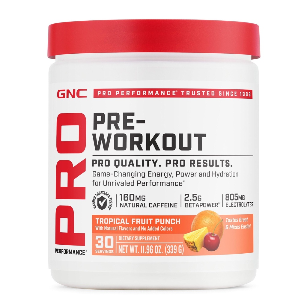 GNC Pro Performance Pre Workout Σκόνη για άνδρες και γυναίκες, Ενέργεια, Ενυδάτωση, Εστίαση, Χωρίς ζάχαρη, Χωρίς γλουτένη, Συμπλήρωμα Απόδοσης, Τροπικό Punch Φρούτων, 30 Μερίδες