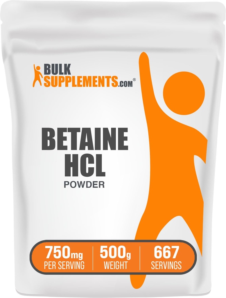 BulkSupplements.com Betaine HCl Powder - Συμπλήρωμα υδροχλωρικού βεταΐνης, Digestive Support - Χωρίς γλουτένη, 750mg ανά Σερβίρισμα, 500g (1.1 lbs) (πακέτο των 1)