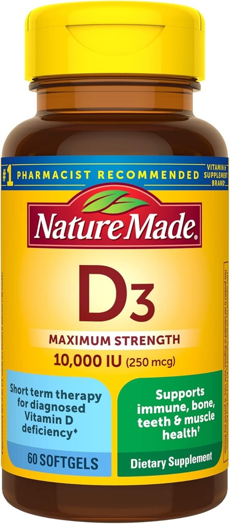 Nature Made Vitamin D3 10000 IU (250 mcg) Μέγιστη δύναμη, συμπλήρωμα βιταμίνης D για την υποστήριξη της υγείας των οστών και του ανοσοποιητικού, 60 Softgels, 60 ημέρες προσφοράς