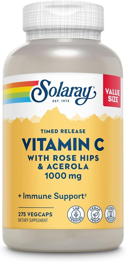 SOLARAY Vitamin C 1000 mg Timed Release Capsules with Rose HIPS & Acerola Bioflavononoyaks, Yüksek Absorpsiyon ve Tüm Gün Immune Function Support, 60 Day Garanti, 275 Hizmet, 275 VegCaps