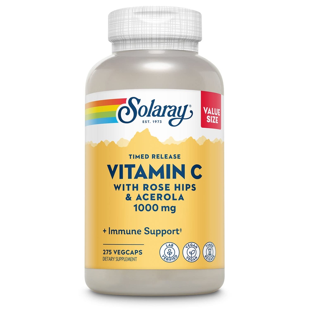 SOLARAY Vitamin C 1000mg - Time Release Vitamin C Capsules w/Rose HIPS and Acerola for Bioflavonoid Support - Two-Stage, All-Day Immune Support - Vegan, 60 Day Guarantee, 275 Servings, 275 VegCaps