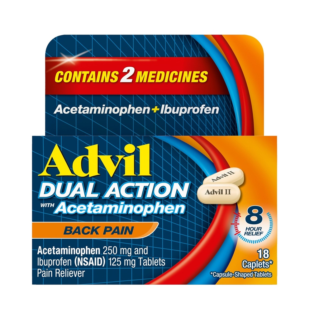 Advil Dual Action Back Pain Caplets Delivers 250mg Ibuprofen and 500mg Acetaminophen Per Dose for 8 Hours of Back Pain Relief - 18 Count
