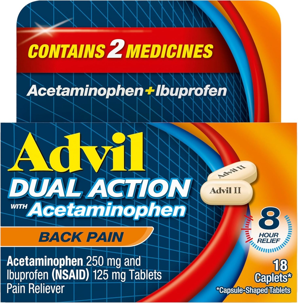 Advil Dual Action Back Pain Caplets Delivers 250mg Ibuprofen and 500mg Acetaminophen Per Dose for 8 Hours of Back Pain Relief - 18 Count