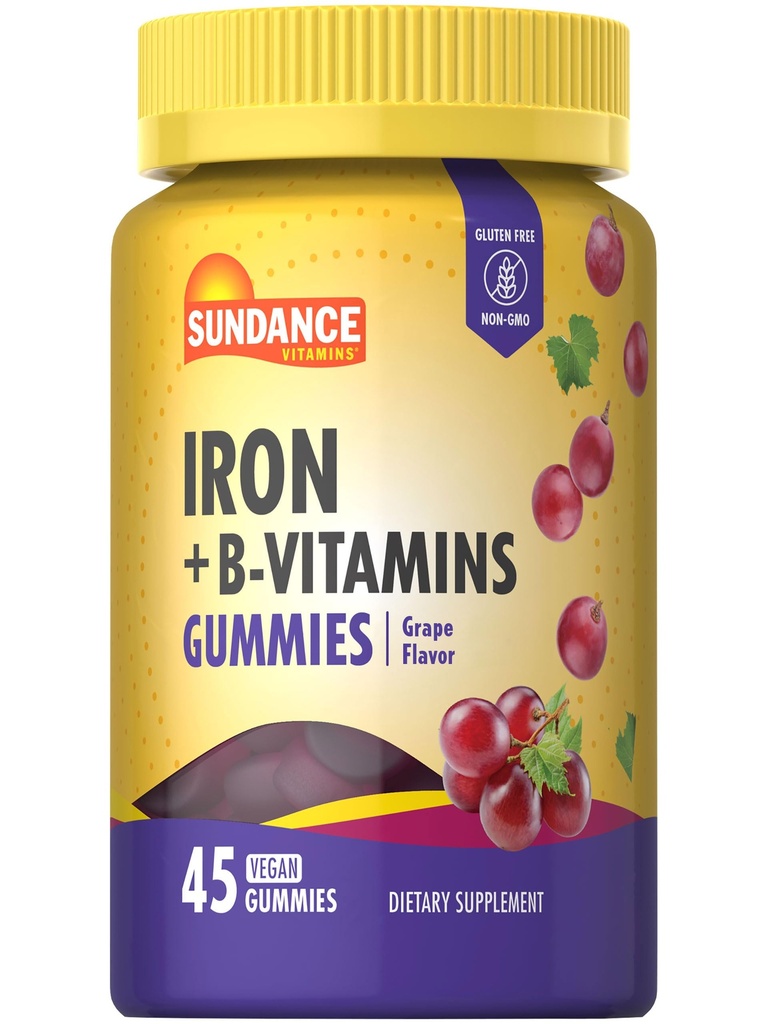 Sundance Iron Gummies | Plus B-Vitamins | 45 Vegan Gummies | Grape Flavor | Vegan, Non-GMO ve Gluten Free Supplement