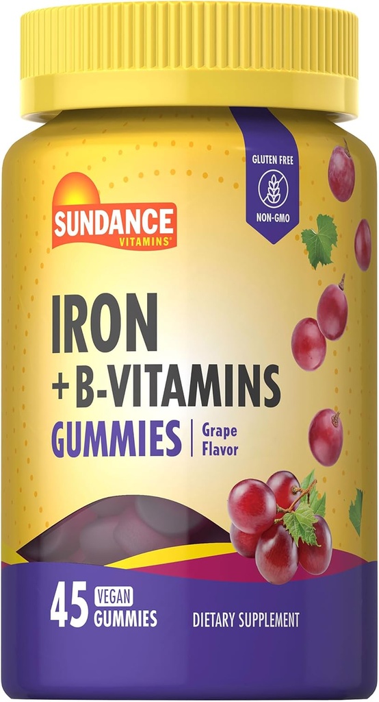 Sundance Iron Gummies | Plus B-Vitamins | 45 Vegan Gummies | Grape Flavor | Vegan, Non-GMO ve Gluten Free Supplement
