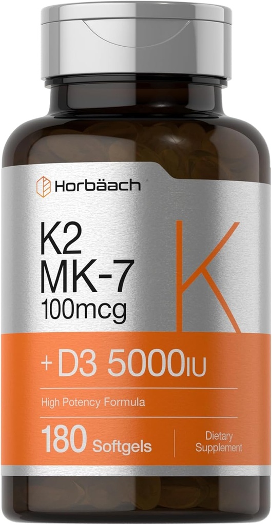 Horbäach Vitamin D3 K2 5000 iu | 100mcg MK-7 Kompleks | 180 Softgel Capsules | Non-GMO & Gluten Free Supplement Supplement Supplement Supplement