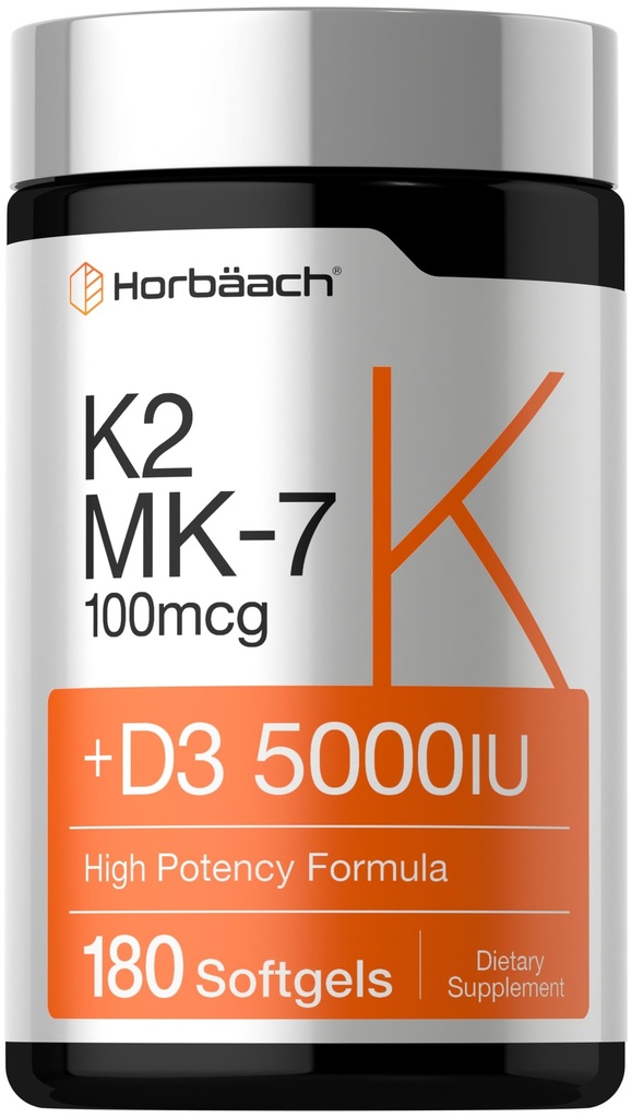 Horbäach Vitamin D3 K2 5000 iu | 100mcg MK-7 Kompleks | 180 Softgel Capsules | Non-GMO & Gluten Free Supplement Supplement Supplement Supplement