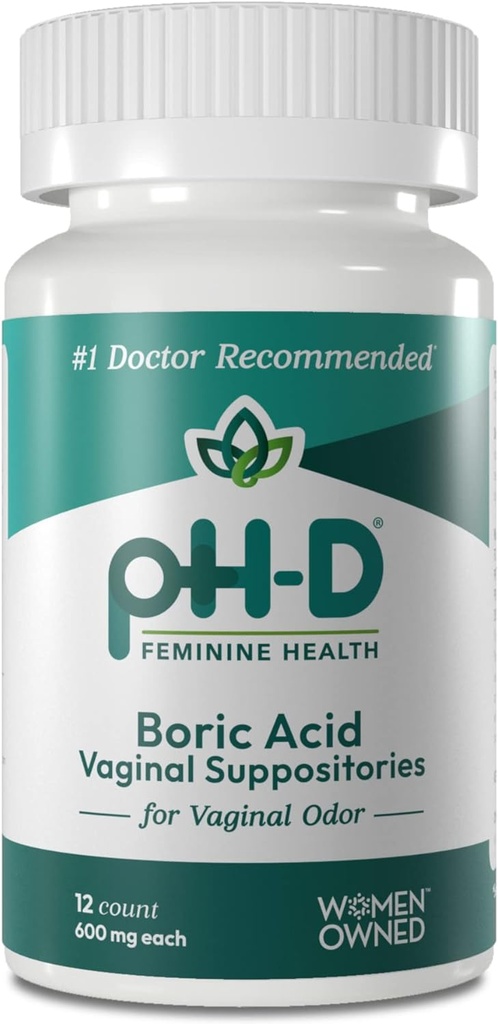 PH-D Feminine Health Support - 600 mg Boric Acid Suppositories - Kadın Kendi - Vaginal Odor için - 12 Kont