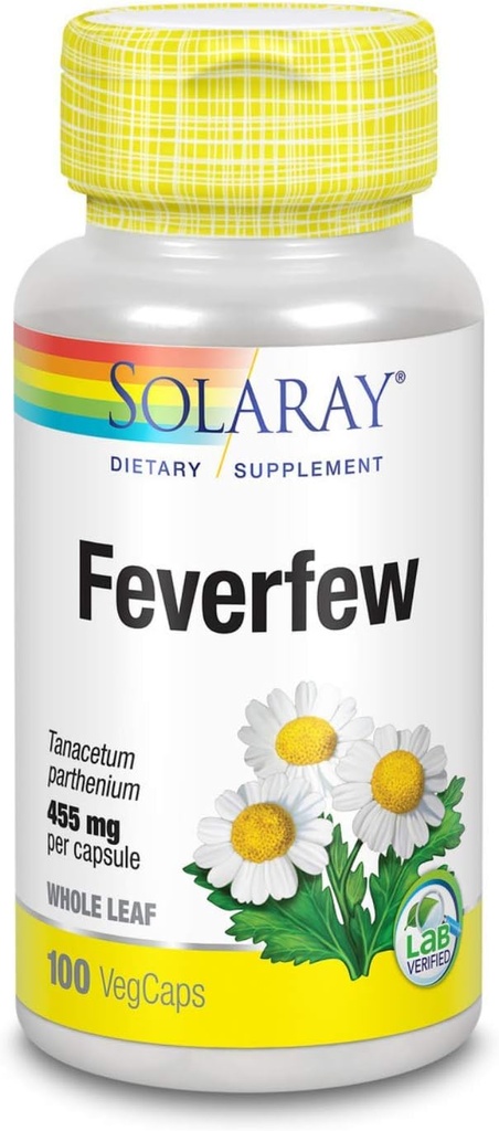 SOLARAY Ateşfew Leaf 455 mg | Head Discomfort, Circulatory Health & Blood Gemi Desteği Tamam | Vegan & Non-GMO | 100 VegCaps