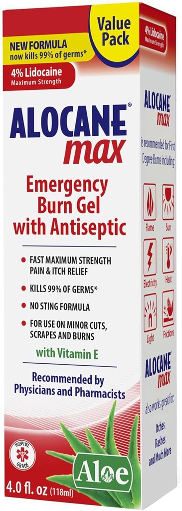 Αλοκάνιο Max Burn Gel έκτακτης ανάγκης, 4% Υδροχλωρική λιδοκαΐνη, .13% Χλωριούχο βενζαλκώνιο, μέγιστη ανακούφιση αντοχής, Itch Relief, για ηλιακά εγκαύματα, κουζίνα, ακτινοβολία, χημικά, πρώτα εγκαύματα, 4 Fl Oz