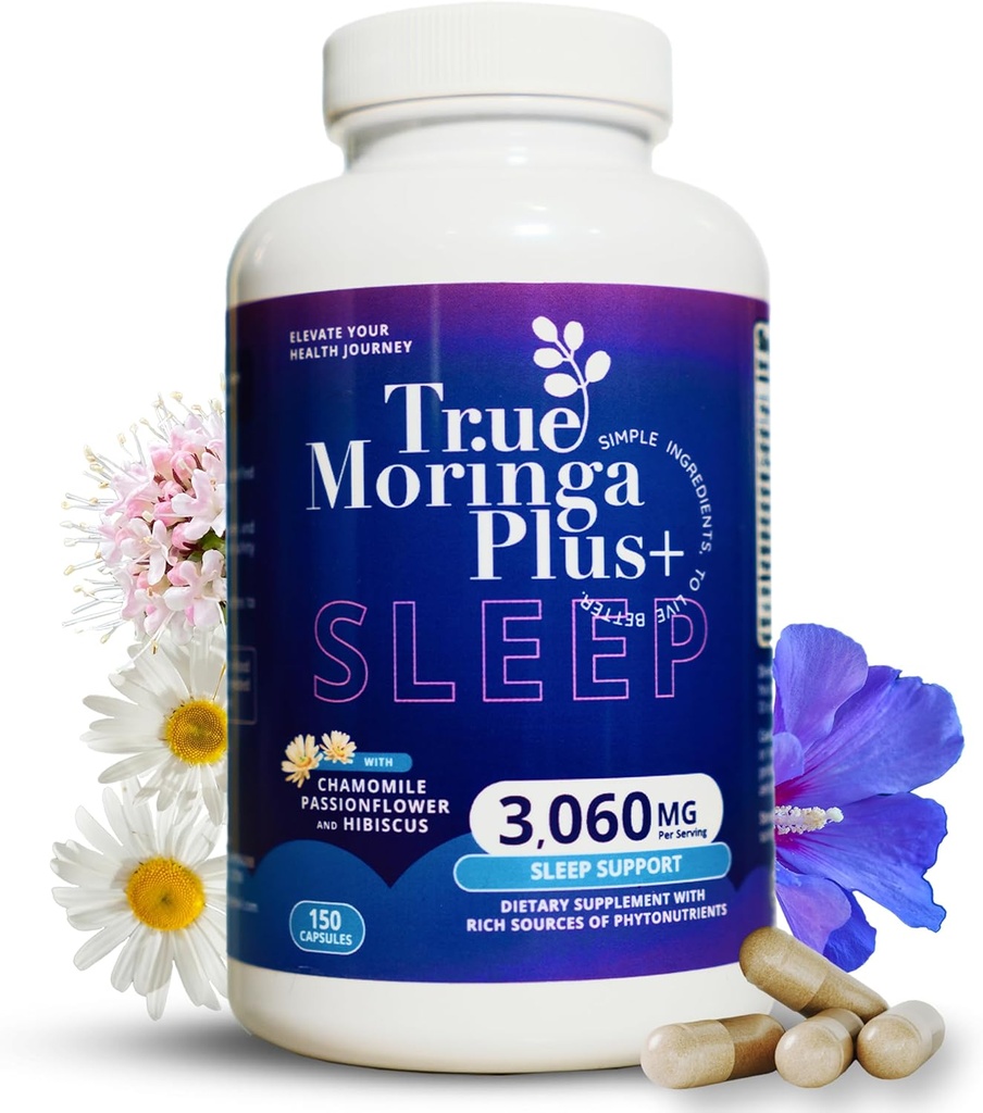 True Moringa Plus+ Sleep Support Supplement 10:1 Extract | 20.000 mg of Organic Moringa, Chamomile, Passion Flower, Valerian Root, Hibiscus for Relaxation | Natural Sleep Aid for Yetişkinler (150 Capsules)