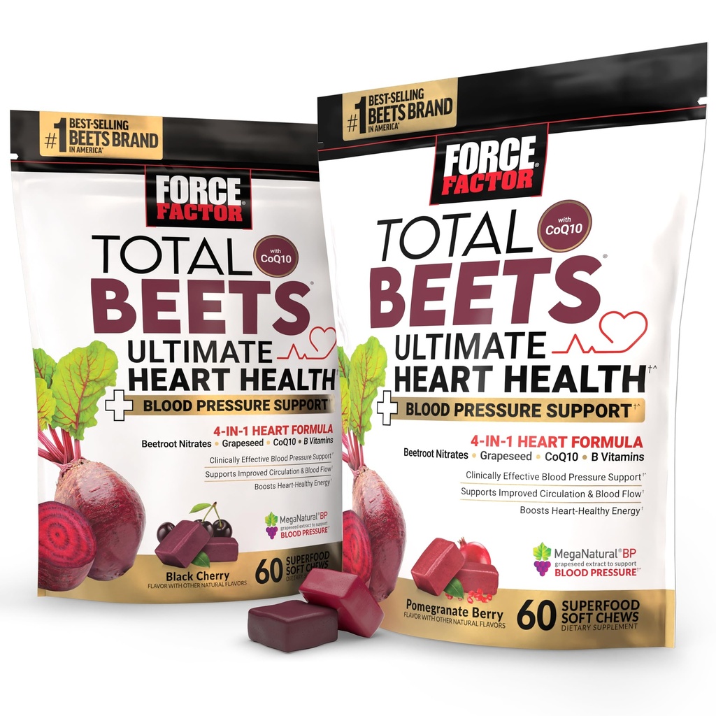 Total Beets Ultimate Heart Health Blood Printing Support Chews with CoQ10, Beet Root Toz, Grape Seed, Blood Pressure Supplement for Circulation & Blood Flow, 120 Soft