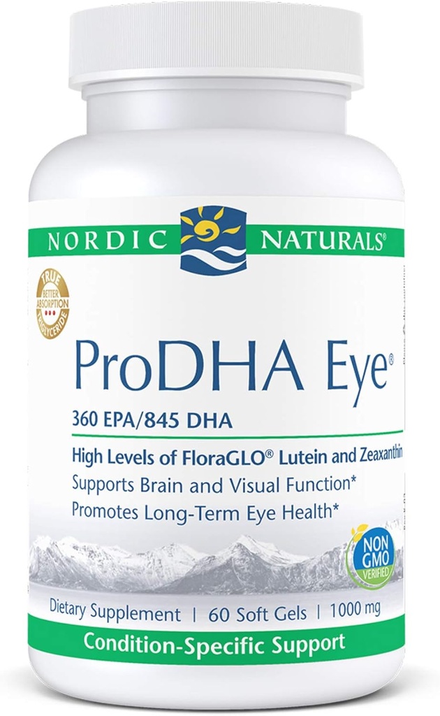 Nordic Naturals ProDHA Eye - Fish Oil, 360 mg EPA, 845 mg DHA, 20 mg FloraGLO Lutein, 4 mg Zeaxanthin, Nörolojik Fonksiyonla Destek ve Uzun Süreli Göz Sağlığı *, 60 Soft Gels