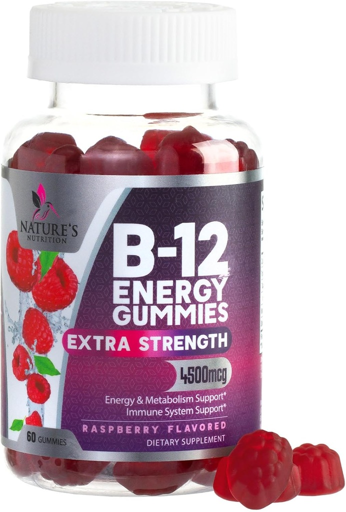 B-12 Vitamin Enerji Gummies 4500mcg - Ekstra Güçlü B12 Enerji Metabolism ve Immune Desteği - Kadınlar için Diyetsel Tamam, Erkekler ve Çocuklar - Non-GMO, Vegan, Berry Flavor - 60 Kont