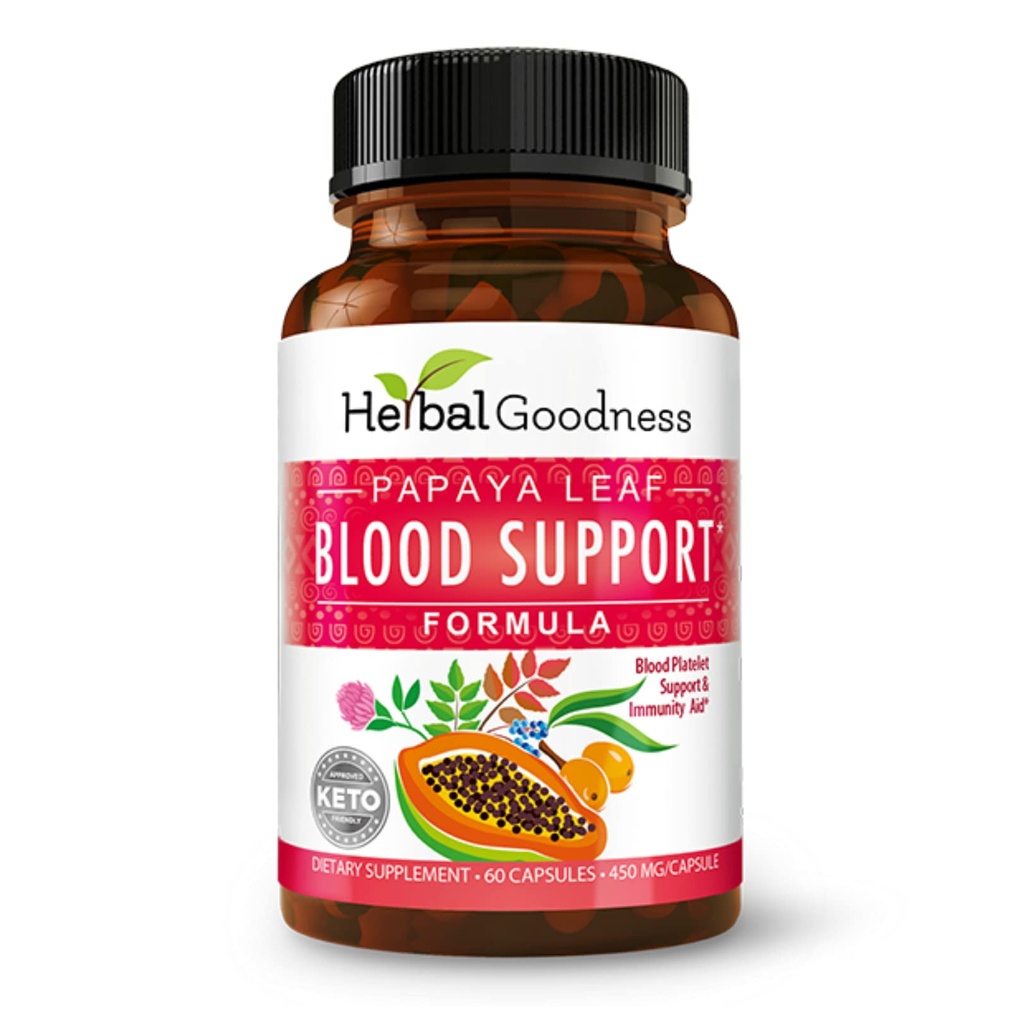 Herbal Goodness Papaya Leaf Blood Support Capsules - Plalet & Bone Marrow Health, Immunity Support & Blood Cleanse - 60/450 mg Veggie Capsules (1 Şişe)