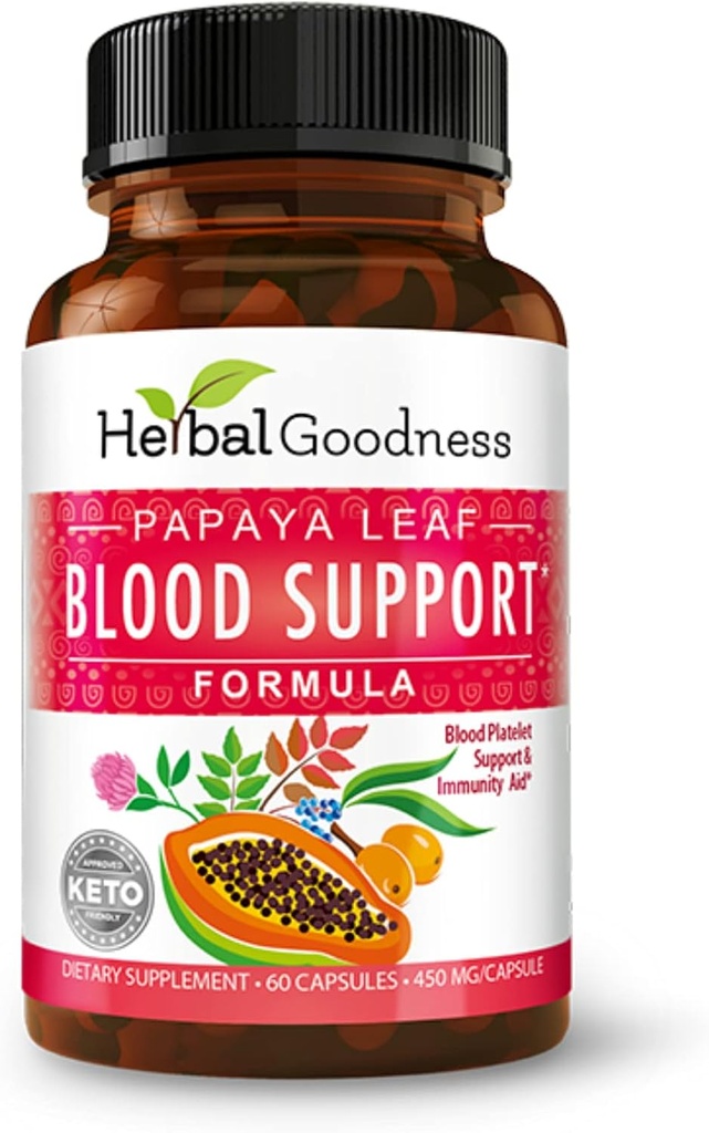 Herbal Goodness Papaya Leaf Blood Support Capsules - Plalet & Bone Marrow Health, Immunity Support & Blood Cleanse - 60/450 mg Veggie Capsules (1 Şişe)