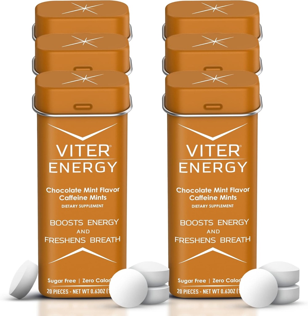 Ενέργειες Viter Caffeinated Μέντες 40mg Caffeine, B Βιταμίνες, Χωρίς ζάχαρη. (Μέντα σοκολάτας, 20pcs, 6 Pack)