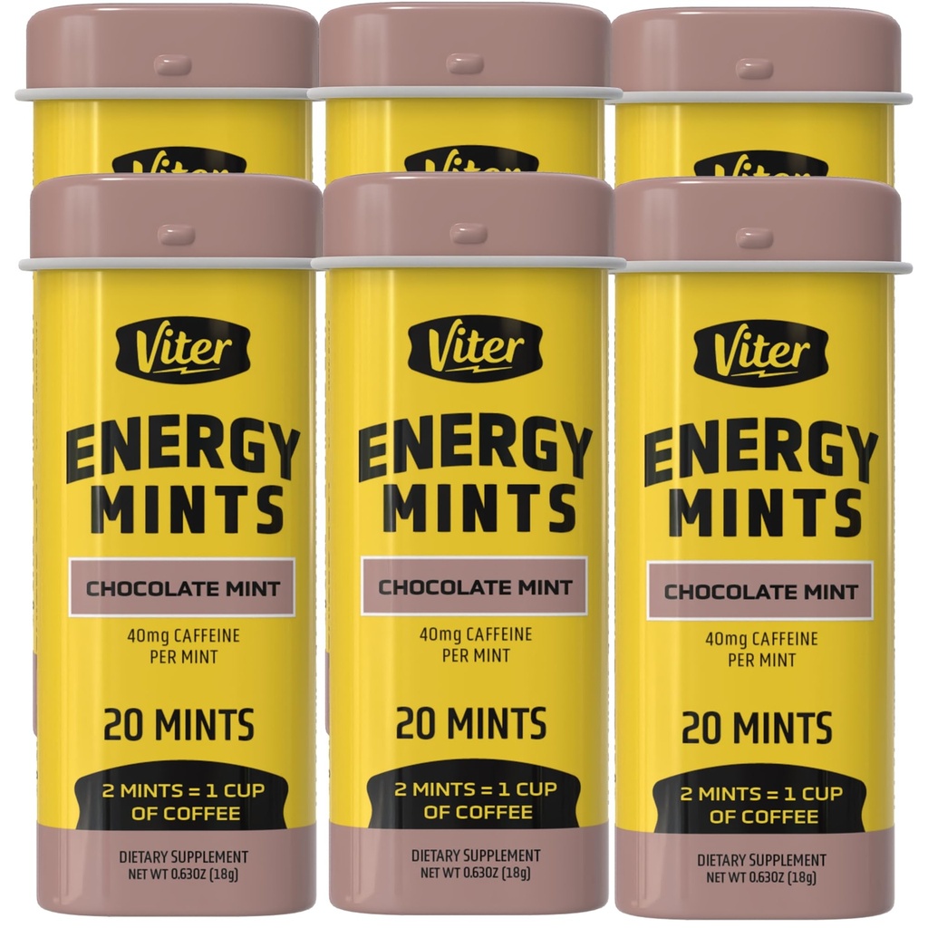Viter Energy Caffeinated Mints 40 mg Caffeine, B Vitamins, Sugar Free. (Chocolate Mint, 20par, 6 Pack)