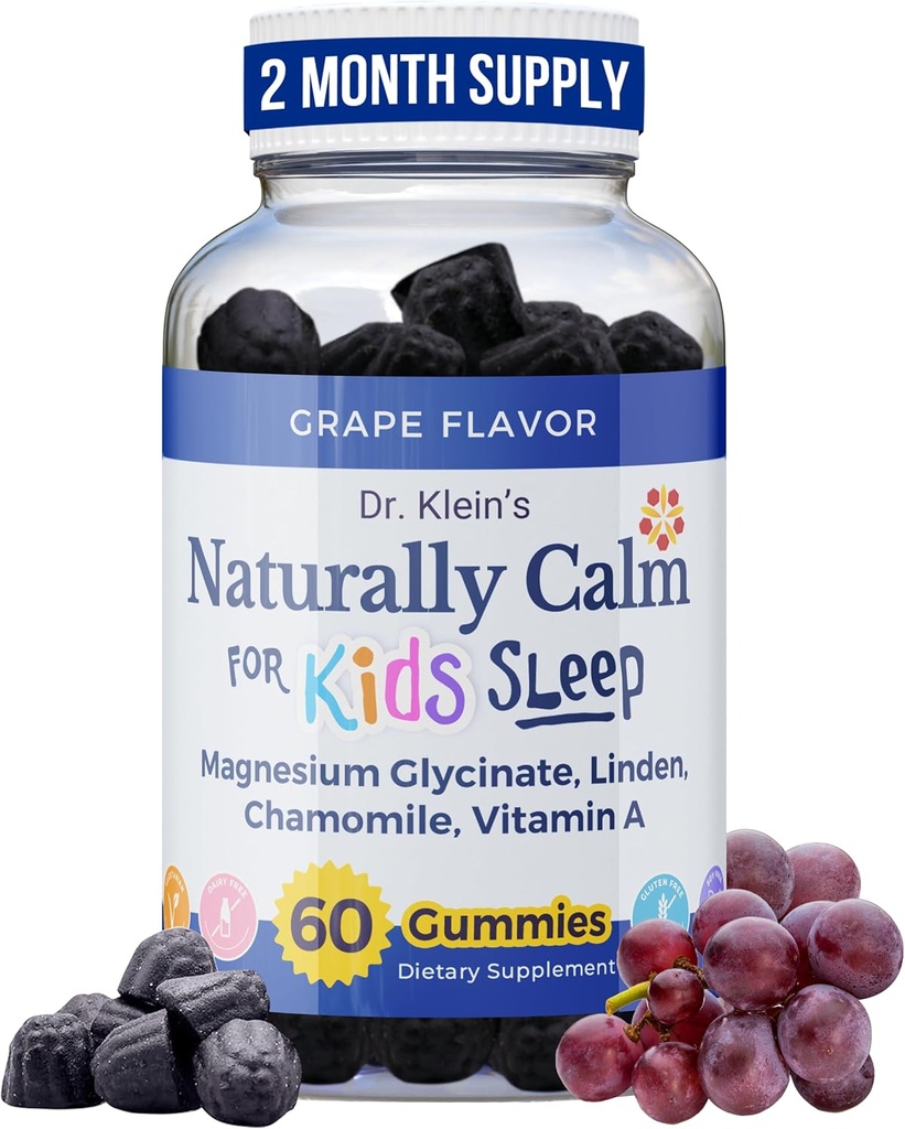 Dr. Klein's Natural Calm Gummies for Kids - Magnezyum with Glycinate, Linden & Vitamin A for Soothing Kids Ages 5+ - Vitamins to Aid Sleep - Chamomile Gummies - Calm Chews - Grape Sugar-Free 60ct