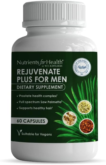 Rawleigh Rejuvenate Plus for Men: 60 Vegan Capsules | High-Potency 320 mg Saw Palmetto | Candy Seed, Pygeum Bark | Plant Sterols, Lycopene & Rosemary | Prostate Health Support Supplement