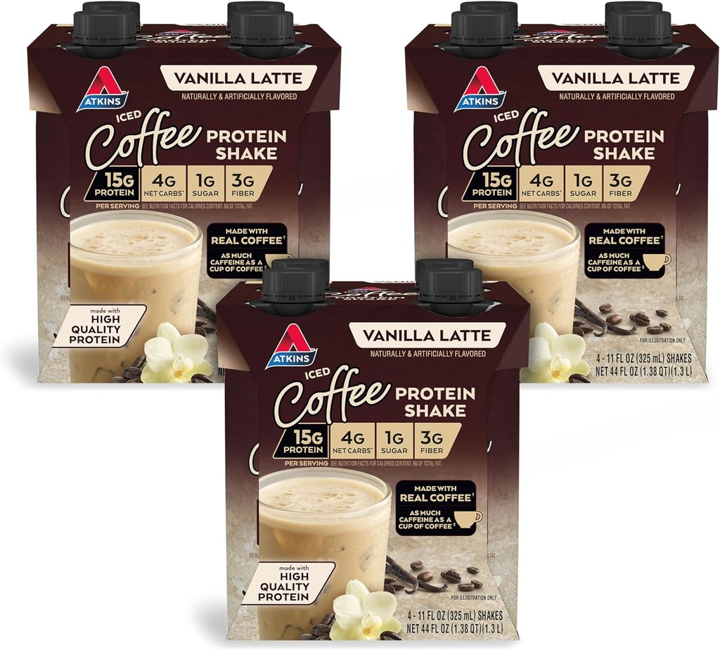 Atkins Iced Coffee Vanilla Latte protein Shake, 15g protein, Low Glymic, 4g Net Carb, 1g Sugar, Keto Friendly, 11 paket Oz