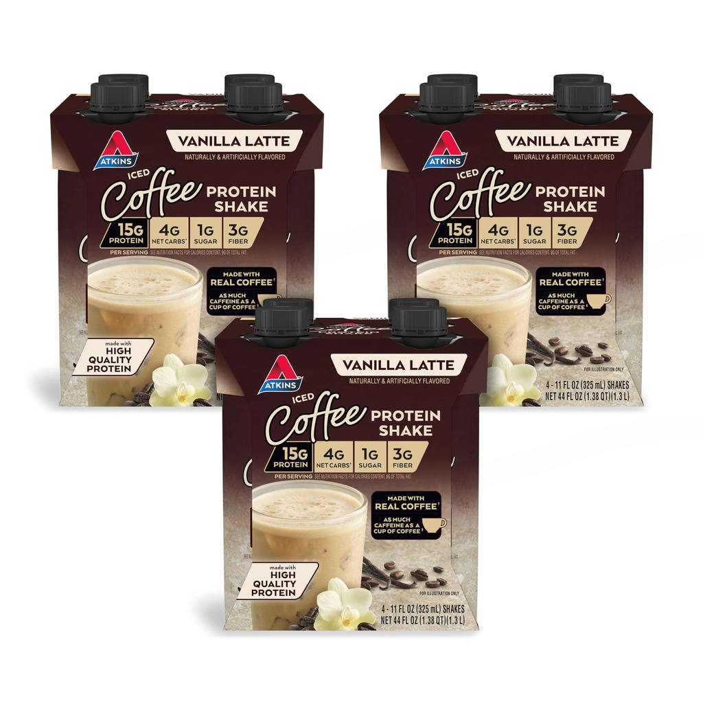 Atkins Iced Coffee Vanilla Latte protein Shake, 15g protein, Low Glymic, 4g Net Carb, 1g Sugar, Keto Friendly, 11 paket Oz