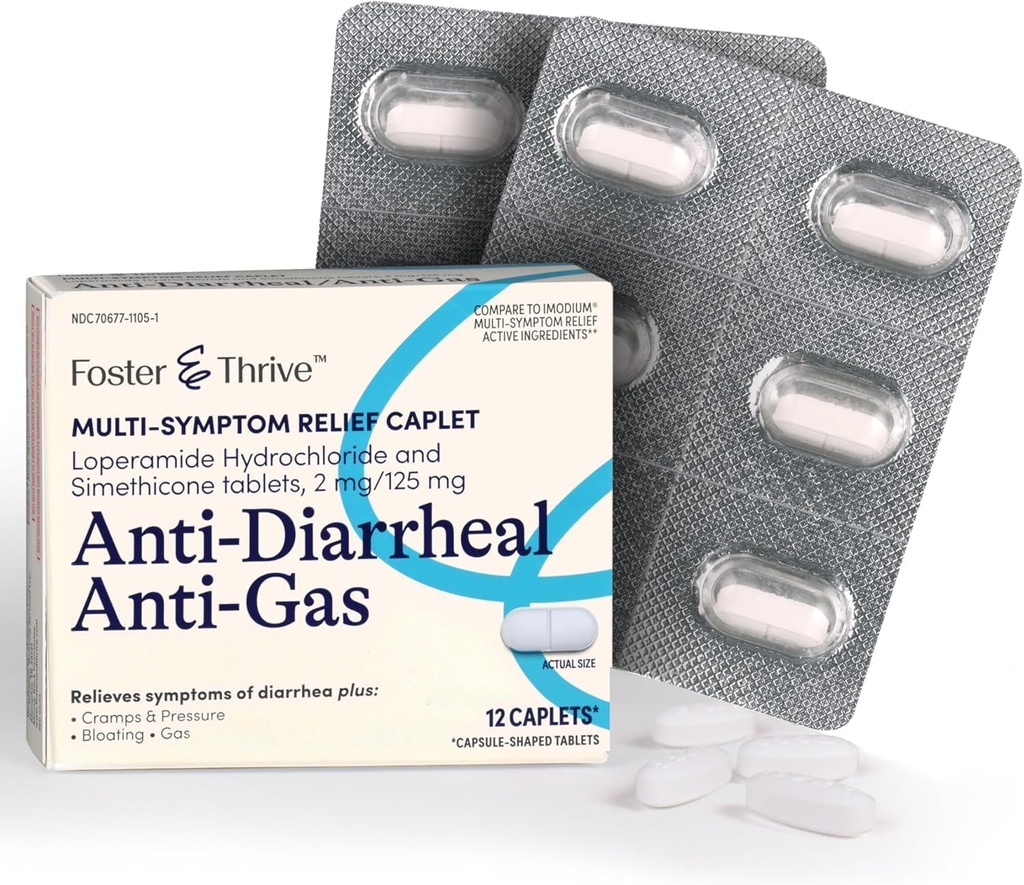 Foster & Thrive Loperamid Hydrochloride ve Simethicone Anti-Diarrheal Anti-Gas Multi-Symptom Relief, 48 Caplets, Diarrhea, Gas, Bloating, Cramps & Basınç, 12 Caplets (Pazarlama)