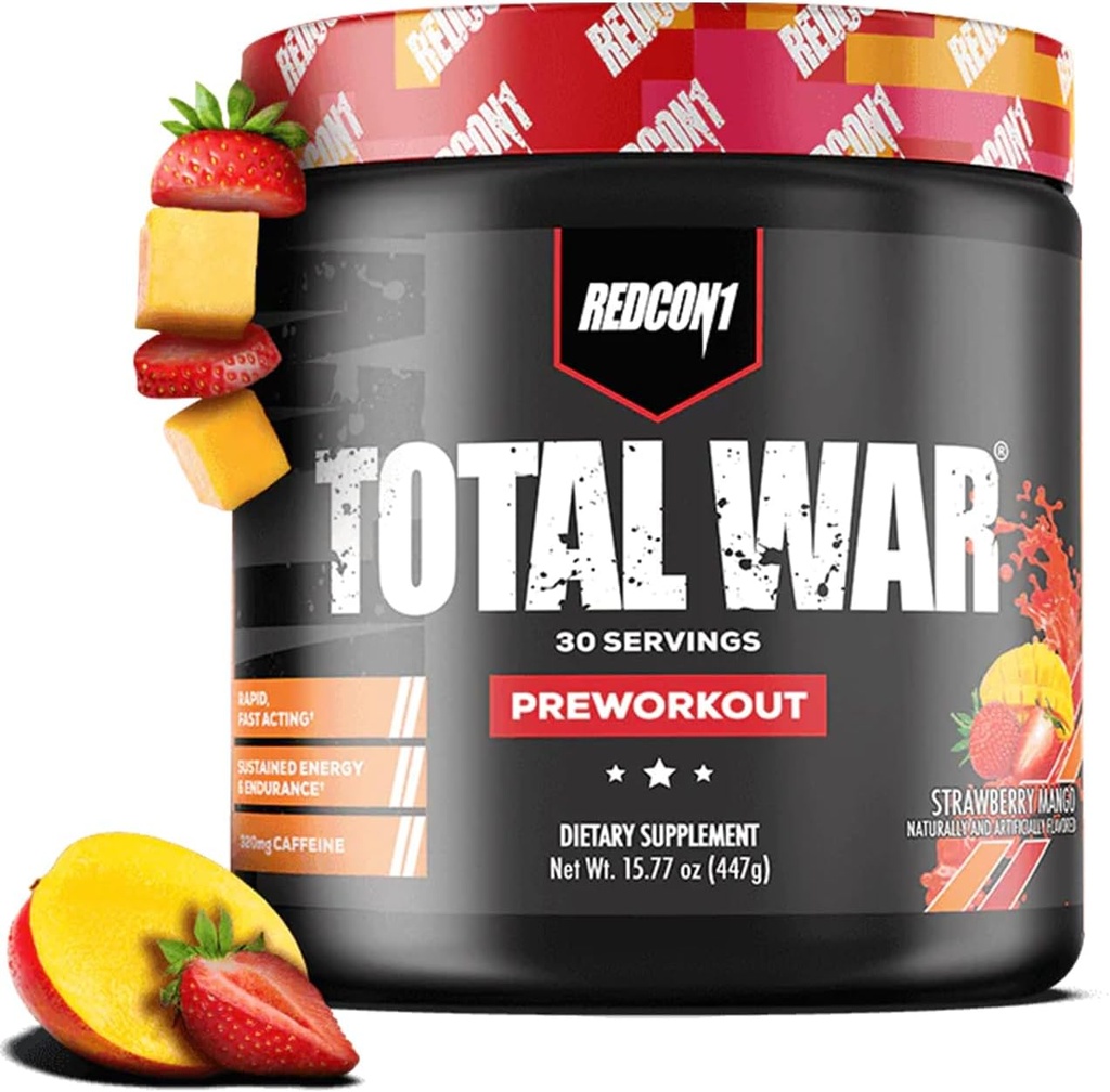 REDCON1 Total War Pre Workout, Strawberry Mango - L Citrulline, Malic Acid, Green Tea Leaf Extract for Pump Boosting Pre Workout for Women & Men - 3.2g Beta Alanine to Reduce E scrapion, 30 Services