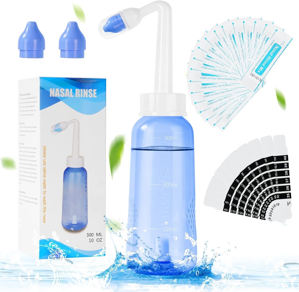 URAQT Neti Pot, Nasal Rinse Kit Nose Temiz, 300 ml Sinus Rinse Şişe 20 Nasal Yıkama Salt Packets ve 10 Termometer Manual, Baskı Rinse Nasal Irrigation for Adult and Kid