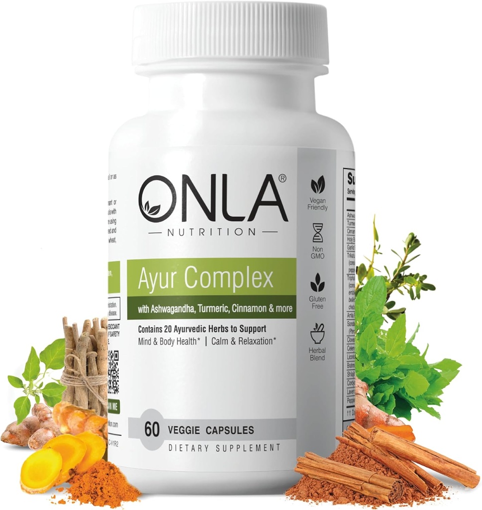 ONLA Vegan Ayurveda Herbal Supplements (20-in-1 Herbal Capsules) - Ashwagandha, Cinnamon, Triphala, Brahmi - Doğal Malzemeler, Herbal Energy Supplements (60 Cap)