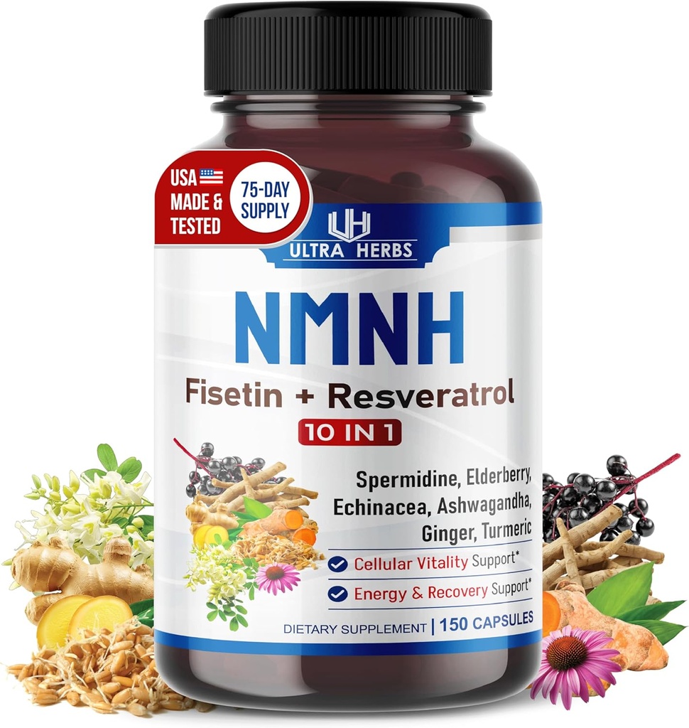 Ultra Herbs NMNH 10in-1 – Fisetin, Resveratrol, spermidine, Elderberry, Ashwagandha, Echinacea, Ginger, Turmeric – Sağlıklı Aging & Vitality Support – 150 Capsules – ABD'de Yapıldı