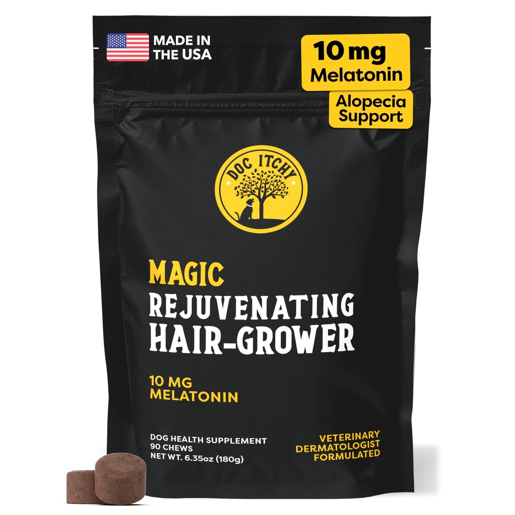 Doc Itchy Kuvenating Hair-Grower Dog Pet Chews | Köpekler için 10 mg Melatonin | Saç Büyüme Uyarısı | Yaşlı Köpek Enerjici | Calming | Medical-Strength | Yiyecek Alerji Güvenli | Vegan | 90 Count