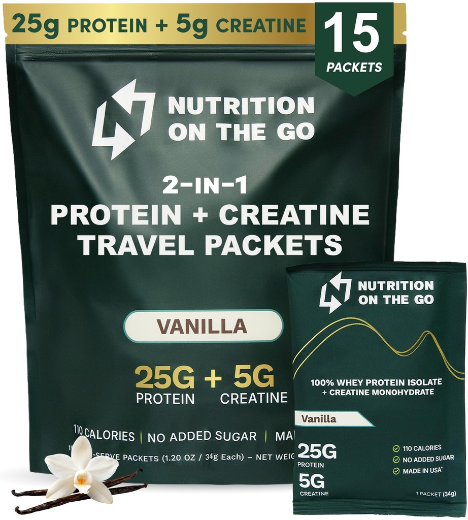 Διατροφή On The Go Whey Protein Isolate Packets με Creatine – 25g Πρωτεΐνη + 5g Creatine – Single-Serve Travel Protein Powder – Βανίλια (15-Pack)