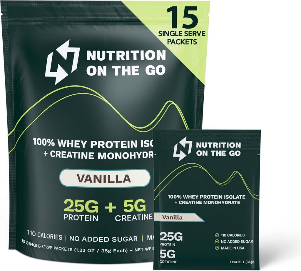 Go Whey proteini, 25g proteini + 5g Kretine – Single-Serve Travel Protein Toz – Vanilla (15-Pack)