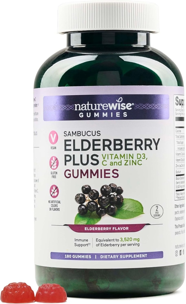 NatureWise Sambucus Elderberry Gummies - Immune Support Supplement for Kids Ages 4+ & Yetişkinler with Vitamin C, D3, çinko - Yaşlılar 3520 mg - Vegan, Non-GMO - 180 Count[90-Day Supply]