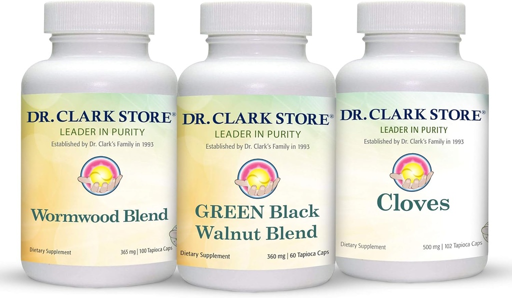 Dr Clark Store Intestine Support & Cleanse Kit - Freeze-Dried Green Black Walnut Hulls, Wormwood ve Cloves- Helps Place Perfect Intestinal Function - Vegetarian Capsules