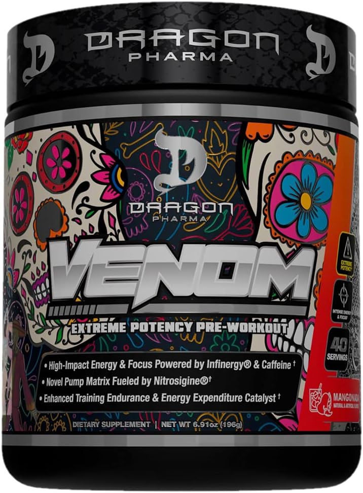 DRAGON PHARMA Venom Extreme Potency Pre-Workout, Laser Sharp Focus + Energy, Intense Performance, Proven Materialss for Advancedd Vasodilation & Endurance (40 Hizmet, Mangonada)