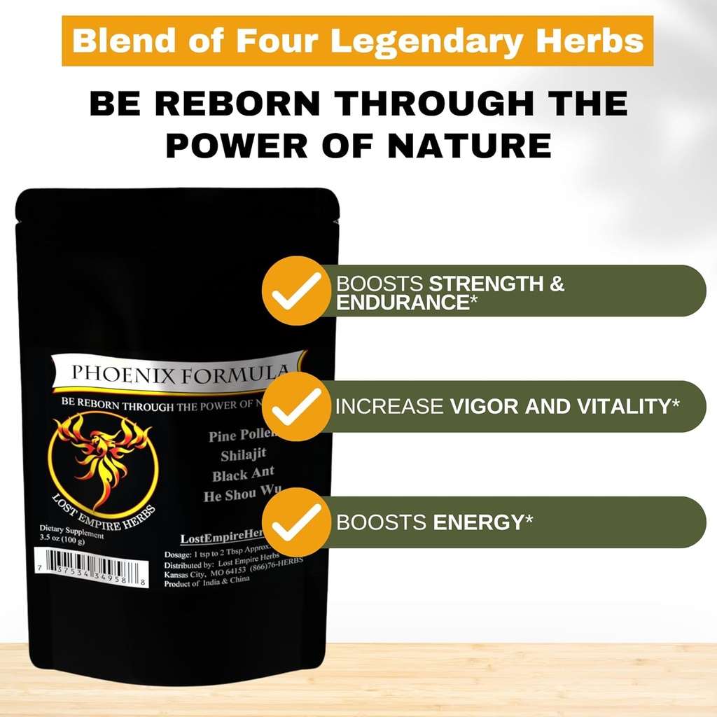 Phoenix Rejuvenation Formula - Lost Empire Herbs Enerji 4 Top Natural Health Herbs Pine Pollen, He Shou Wu, Ant ve Shilajit (100g Toz)