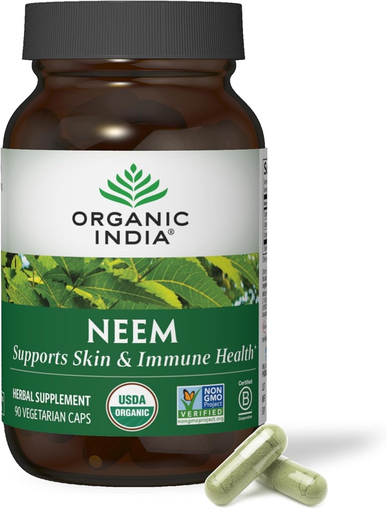 ORGANIC INDIA Neem Leaf Capsules - Herbal Supplement, Supports Skin & Immune Health, Vegan, Gluten Free, USDA Sertifikalı Organik - 90