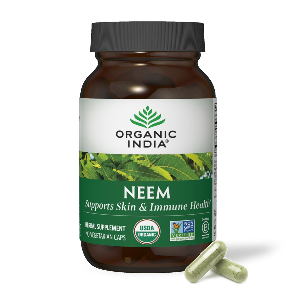 ORGANIC INDIA Neem Leaf Capsules - Herbal Supplement, Supports Skin & Immune Health, Vegan, Gluten Free, USDA Sertifikalı Organik - 90