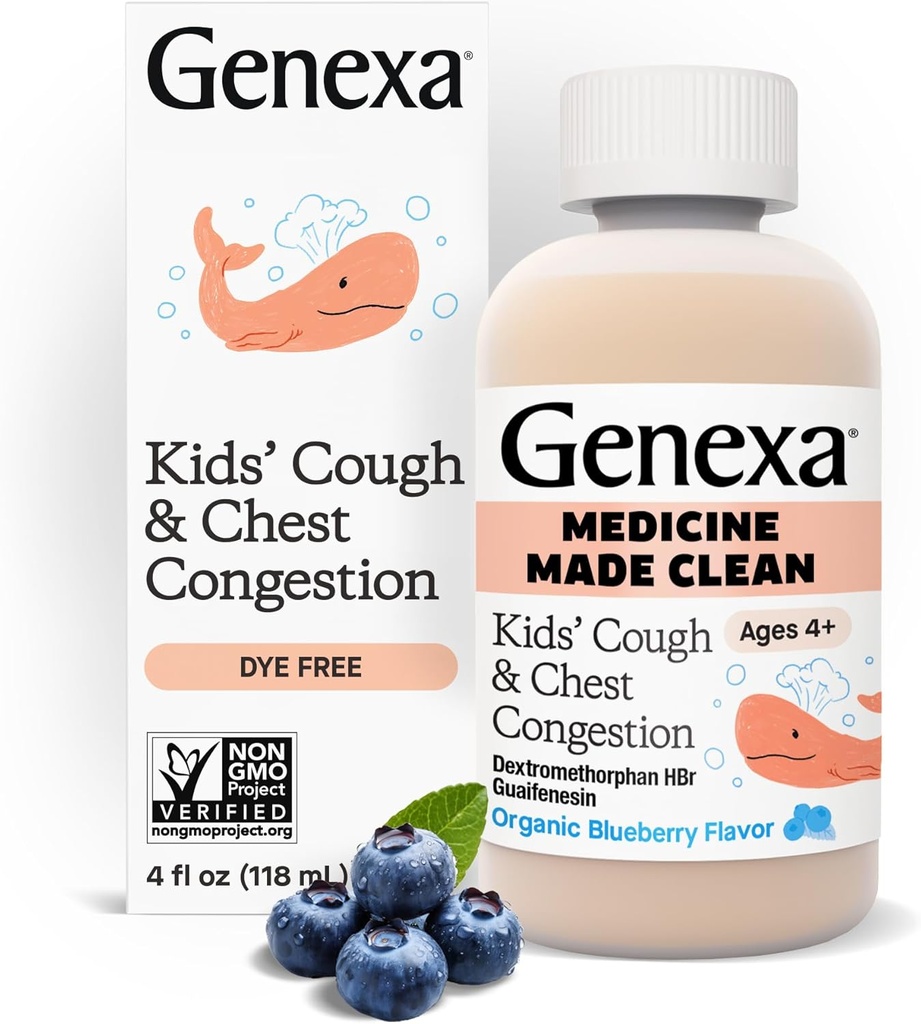 Genexa Kids' Clean Cough & Chest Congestion Medicine, Dye Free, 0% Yapay Katkılar, Çocuklar için Multi-Symptom Cough Syrup 4-11, Cough Suppressant & Waitorant, Organik Blueberry Flavor, 4 fl ozz